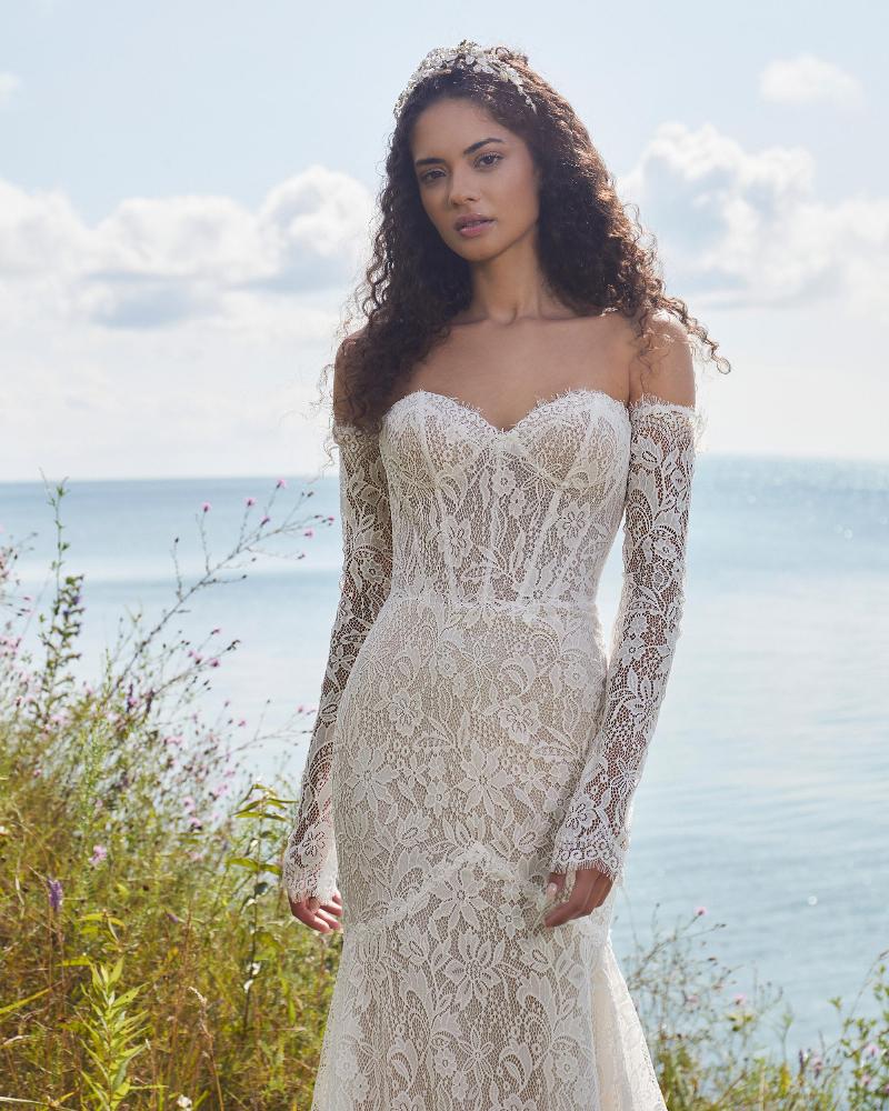 La24111 lace mermaid wedding dress with sleeves off the shoulder or strapless neckline3